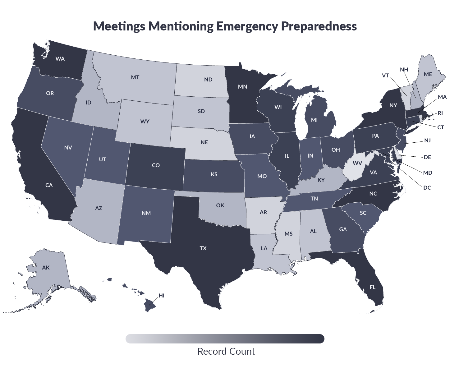 map of the US showing which states are having more meetings (darker colored) and less meetings (lighter colored) about emergency preparedness